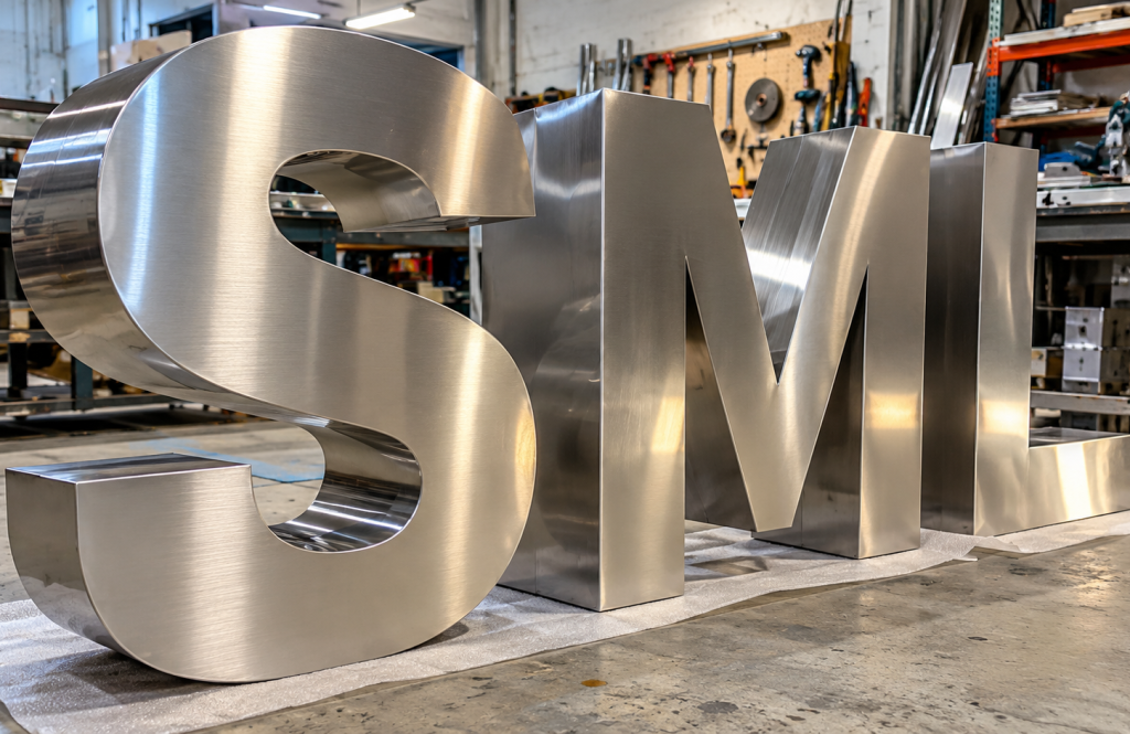 Letras volumétricas de acero inoxidable con acabado metálico, fabricadas en taller para letreros comerciales personalizados.